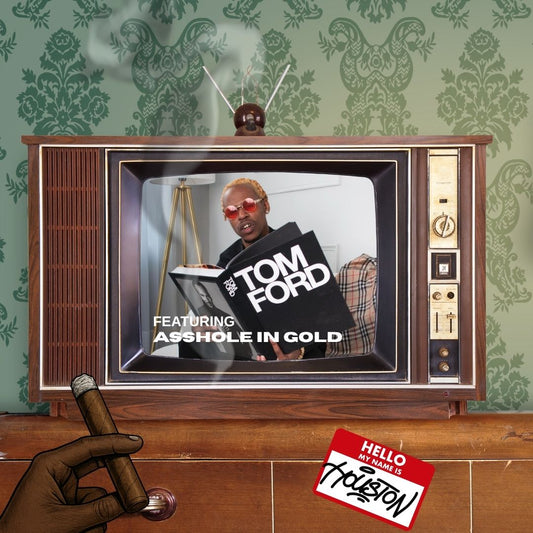 Houston Rapper Asshole In Gold posing in a photo with a Tom Ford Book