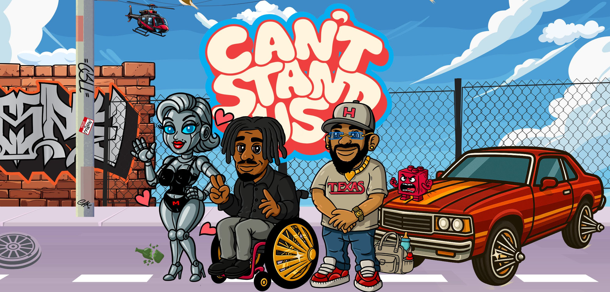 Cartoon characters in a street setting with 'Can't Stop' text and a red car.
