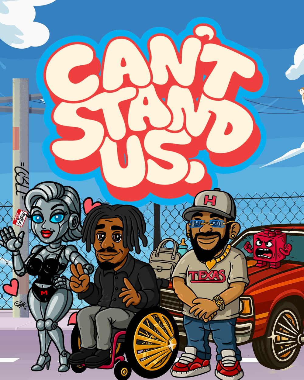 Cartoon characters in front of a car with 'Can't Stand Us' text on a blue sky background