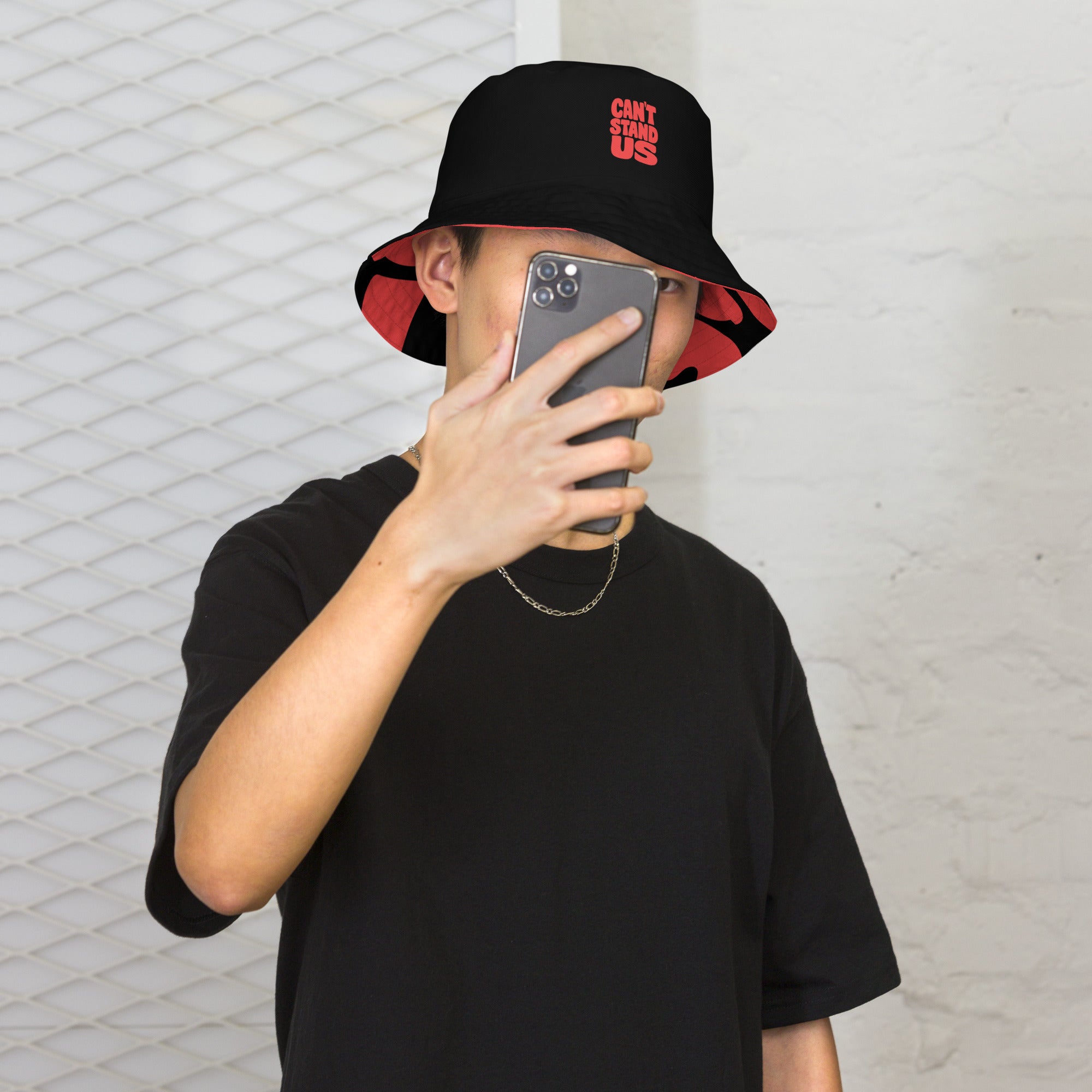 Can't Stand Us Reversible Bucket Hat | Black/Red All-Over Print